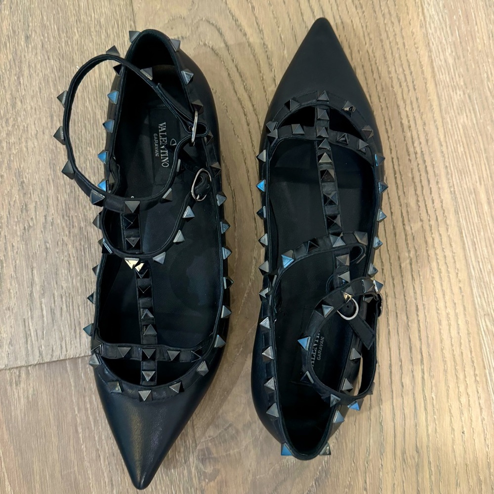 Black on Black T-strap Valentino Rockstud Flats